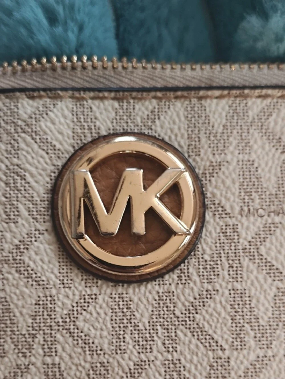Michael Kors Cream Logo Wristlet Clutch with Brown Strap